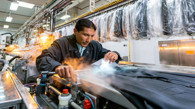 Candid editorial photograph inside busy dry cleaning facility, presser operating industrial steam pressing machine on suit jacket, hanging garment conveyor system loaded with plast