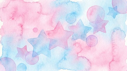 Fototapeta premium Watercolor background with pink and blue paint wash and stars
