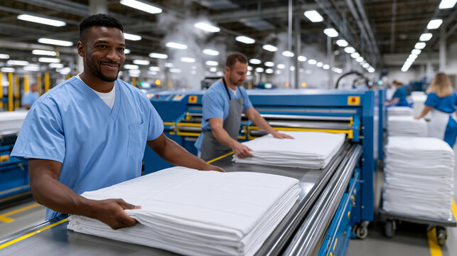 Wide editorial photograph inside large hospital laundry facility, workers feeding bed linens into industrial flatwork ironer machine, stacks of folded white sheets on rolling carts