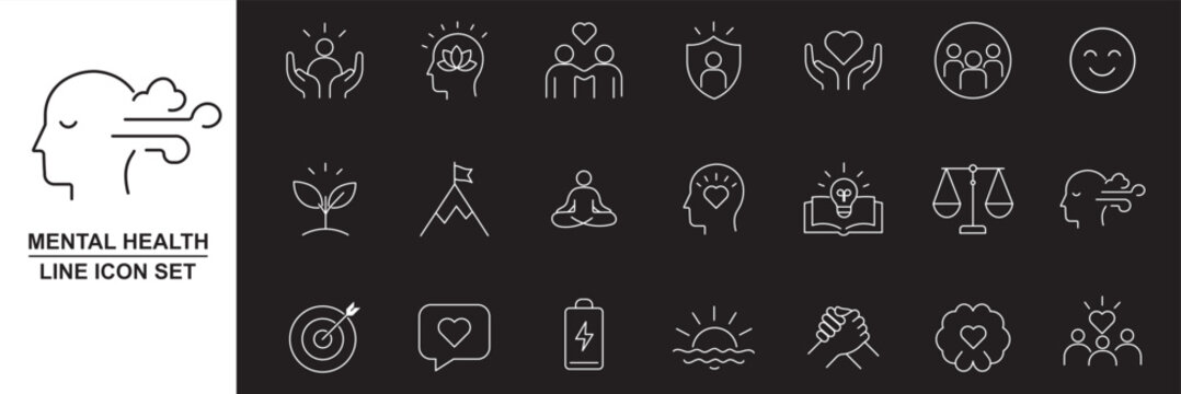 Psychology icons set representing mental health, human behavior, emotions, therapy, brain function, counseling, stress management and psychological studies. Editable Stroke. Holistic wellness meditati