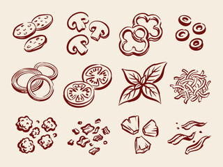 Pizza topping doodle set hand drawn pepperoni mushroom basil and cheese red line art illustration © Saad Hassan
