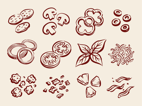 Pizza topping doodle set hand drawn pepperoni mushroom basil and cheese red line art illustration