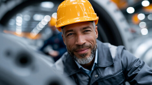 Photograph of worker framed perfectly through large circular opening of industrial turbine or pipe section, shallow depth of field blurring machinery foreground into abstract shape