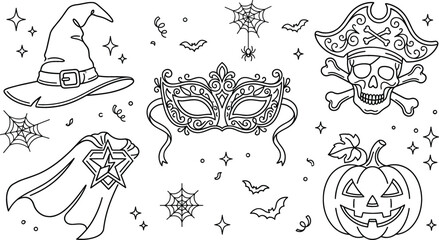 Halloween carnival party traditional vector elements doodle set with witch hat masquerade mask pirate skull pumpkin superhero cape © Mstshneha