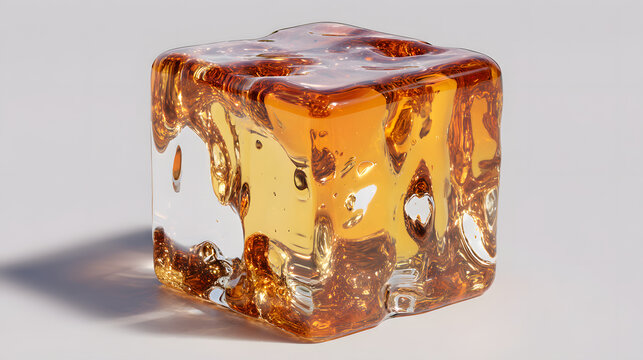 Amber glass cube hyper realistic abstract design transparent glossy smooth surface modern art creative sculpture reflective elegant contemporary unique shape