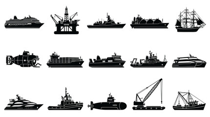 Obraz premium Maritime Industry Vessels Icons Set - Black and White Silhouette Vector Ships, Boats, Submarines, and Oil Rig.