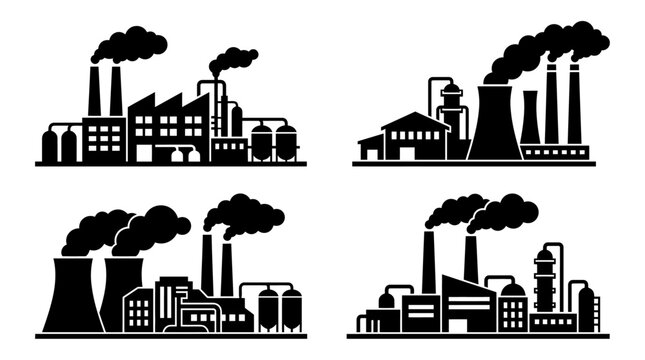 UntitledCollection of black silhouette icons showing different types of industrial buildings, factories, manufacturing plants, and refineries with smoking chimneys. Represents industry, production, ma