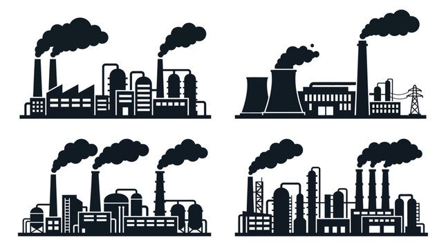 UntitledCollection of black silhouette icons showing different types of industrial buildings, factories, manufacturing plants, and refineries with smoking chimneys. Represents industry, production, ma