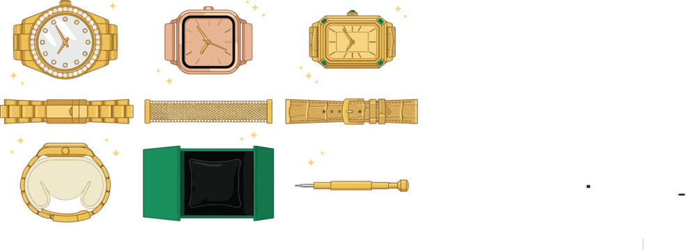 Luxury Gold Watches Collection featuring Diamond Bezels, Smartwatch Cases, Leather Straps, Velvet Gift Boxes, and Link Repair Tools for Retail E-commerce Vector Designs