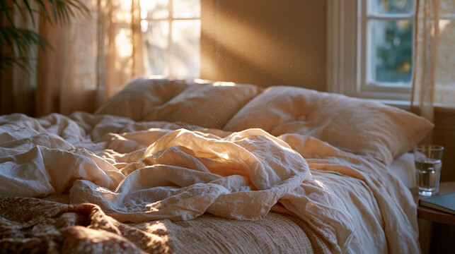 Intimate editorial photograph of rumpled unmade bed in morning light, white linen sheets twisted and bunched naturally, two indented pillows side by side suggesting couple just ros