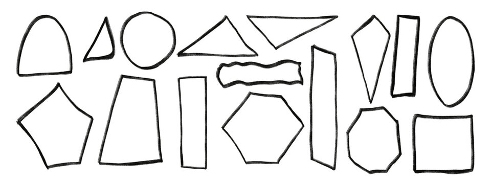 Set of black hand drawn geometric shapes and doodle frames isolated on transparent background.