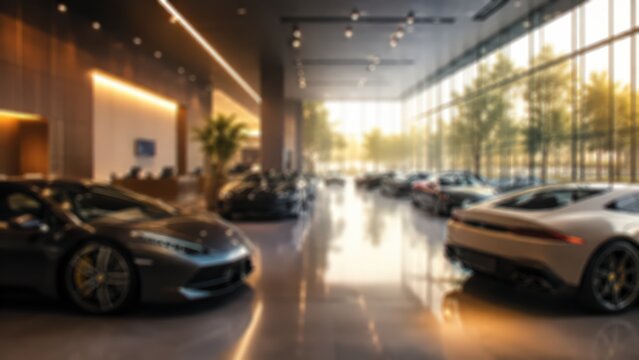 Luxury car showroom blurred background dealership interior sports vehicle auto salon modern architecture automotive sales retail