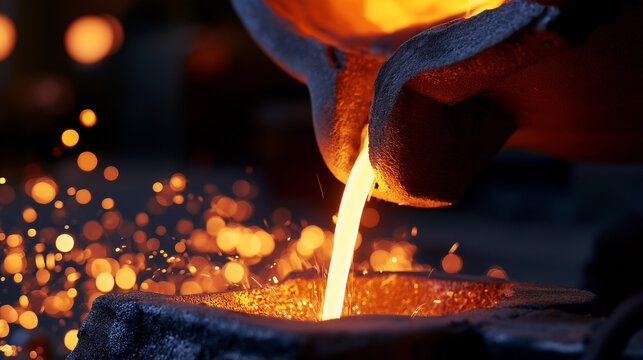 Stream of molten metal flowing from an industrial pouring ladle with glowing sparks capturing the power of steel production, metallurgy, and heavy manufacturing.