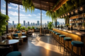 Fototapeta premium Rooftop bar lounge restaurant blurred background city skyline view luxury interior lifestyle hospitality