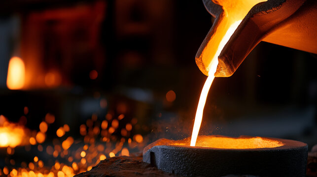 Stream of molten metal flowing from an industrial pouring ladle with glowing sparks capturing the power of steel production, metallurgy, and heavy manufacturing.