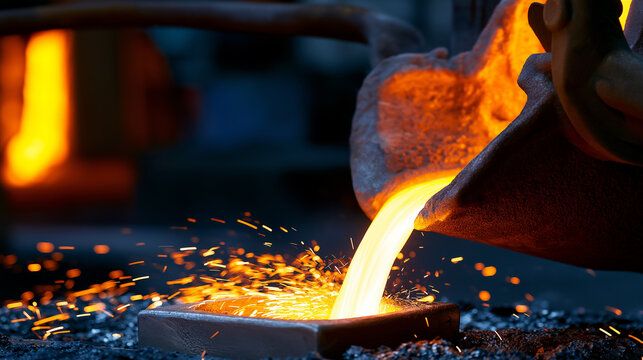 Molten metal pouring from an industrial foundry ladle with glowing sparks showcasing steel casting, heavy manufacturing, and metallurgical production.
