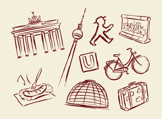 Berlin landmark doodle set hand drawn travel city line art illustration with Brandenburg Gate and bicycle © Saad Hassan