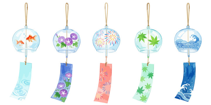 風鈴のイラストセット,水彩画風の夏祭り・暑中見舞い素材集,日本の伝統的な風鈴,涼しげなガラス,夏の風物詩、金魚・朝顔・花火・青もみじ・波の和風素材集,手描きベクター
