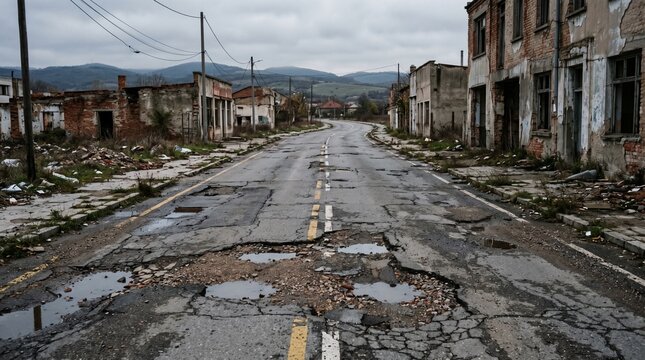 A desolate street lies damaged with buildings on either side under a gloomy sky.