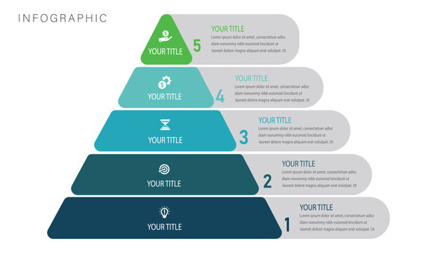 5-Step Modern five-level pyramid infographic template with blue and green gradient elements, designed for business strategy, corporate growth planning, workflow visualization, project management