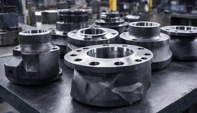 Several heavy machined metal flanges and circular mechanical components resting on a dark workbench in a metal fabrication machine shop