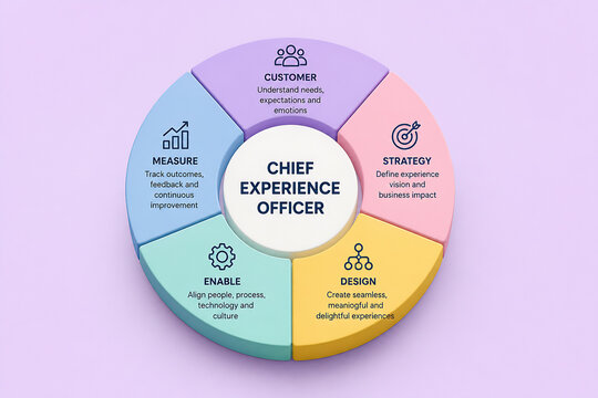 A circular diagram illustrates the roles and functions of a Chief Experience Officer, encompassing customer understanding, strategy, design, enabling, and measurement.