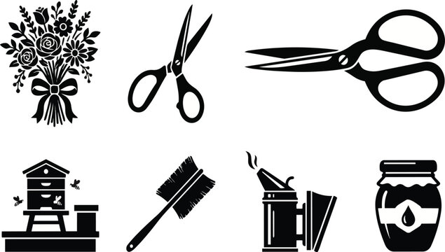 Professional vector graphic set featuring monochromatic black silhouettes of a floral bouquet floral shears tailoring scissors a beehive a cleaning brush a bee smoker and a jar of golden honey