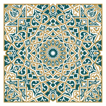 Intricate teal and gold geometric islamic pattern design