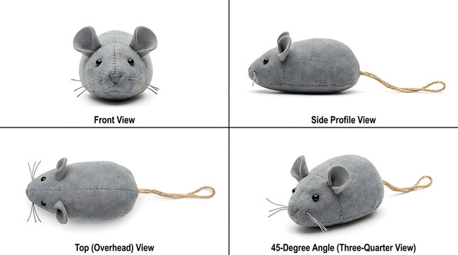 Gray stuffed mouse toy with string tail on white background