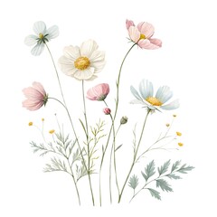 Fototapeta premium Beautiful watercolor bouquet of white and pink cosmos flowers with greenery isolated on white background.