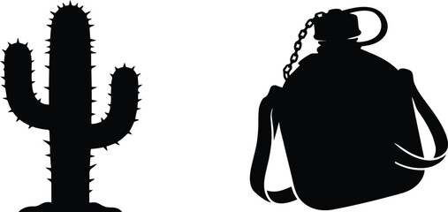 Black silhouette vector illustration of a desert cactus plant standing next to a military style water canteen with a metal chain and strap for hiking and outdoor survival gear designs. © mahi