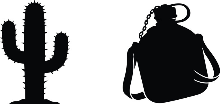 Black silhouette vector illustration of a desert cactus plant standing next to a military style water canteen with a metal chain and strap for hiking and outdoor survival gear designs.