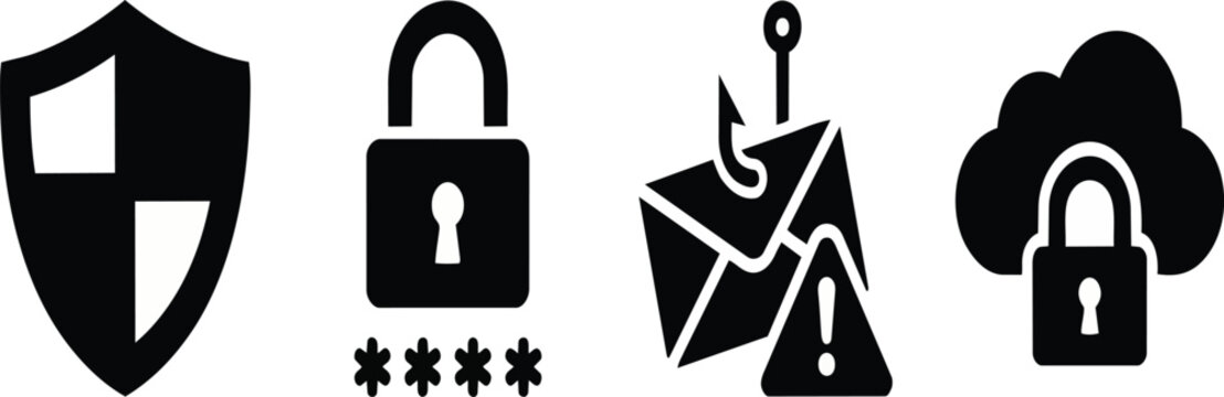 Professional set of four black flat vector graphic icons depicting internet security concepts including a protective shield a locked padlock a phishing email scam and a secure cloud computing storage
