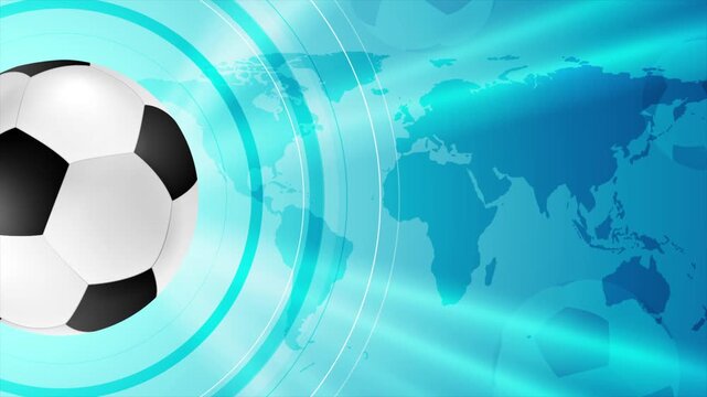 Soccer ball on bright blue abstract background with world map. Sport motion design. Seamless loop. Video animation Ultra HD 4K 3840x2160