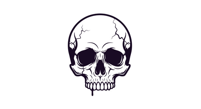 A stark, graphic illustration of a human skull with dark eye sockets and cracked bone details.