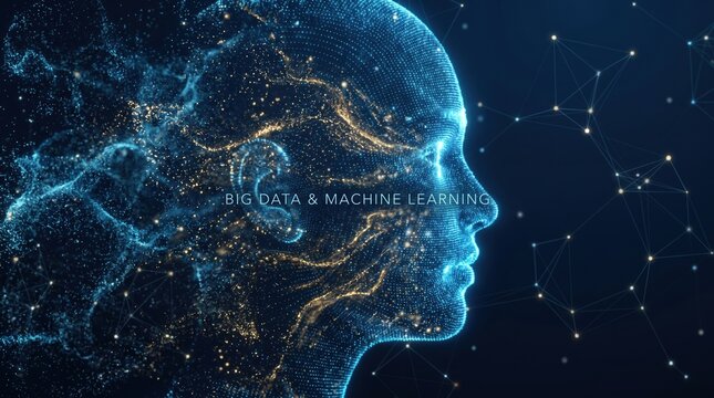 Big data and artificial intelligence concept. Machine learning and cyber mind domination concept in form of women face on dark blue technology background, 3d illustration.