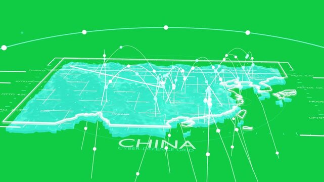 Camera tilting cyan China map showing arcs pins rising nodes pulsing showing network on transparent