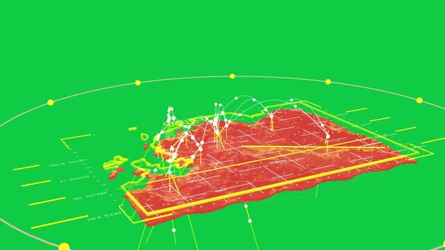 Camera orbiting, revealing 3D China map rotating, arcs pulsing, showing hotspots on transparent bg