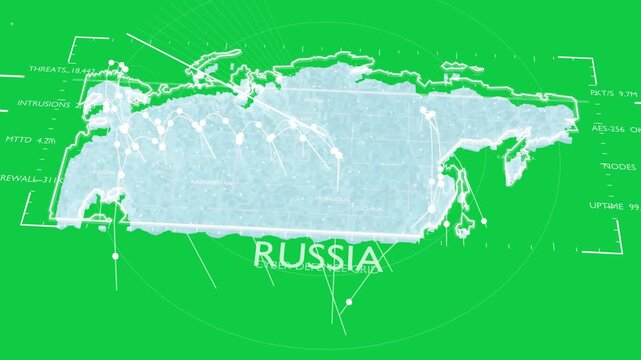 Threat rising cyan transparent Russia map pulsing nodes linking arcs scanning, showing security