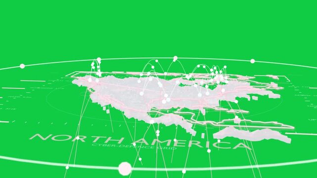 Camera orbiting, North America map showing pulsing nodes and arcs mapping cyber on transparent grid