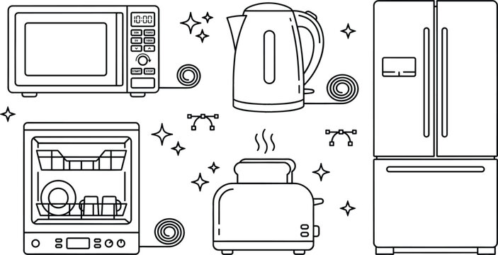 Kitchen appliances household traditional vector elements doodle set with microwave kettle refrigerator dishwasher toaster and electrical power cords