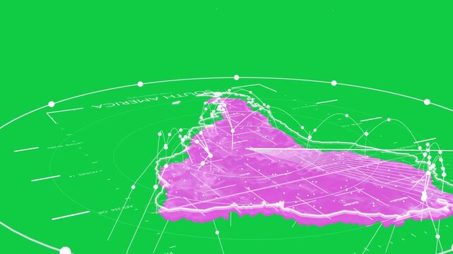 On load orbiting South America map, nodes pulsing arcs moving showing links, background transparent