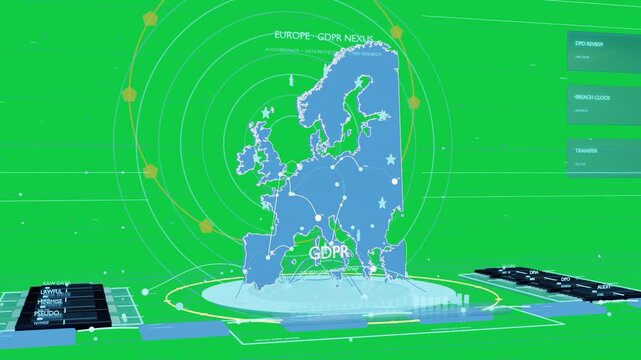 Nodes lighting on transparent Europe map sparking arcs, rings turning, pulsing base, showing GDPR