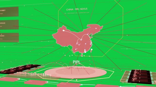Pink China map pulsing nodes, starting arcs to PIPL platform, showing audit, transparent background