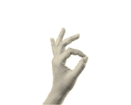 Hand making OK gesture sign in vintage retro halftone vector style with circle dots pattern isolated on transparent background