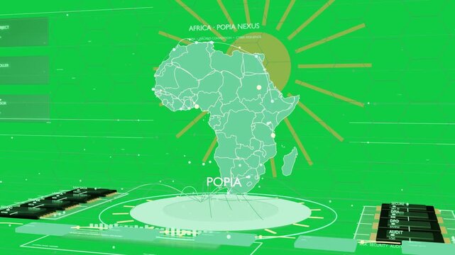 On load teal Africa map floating over pad sending nodes down showing POPIA nexus clear background