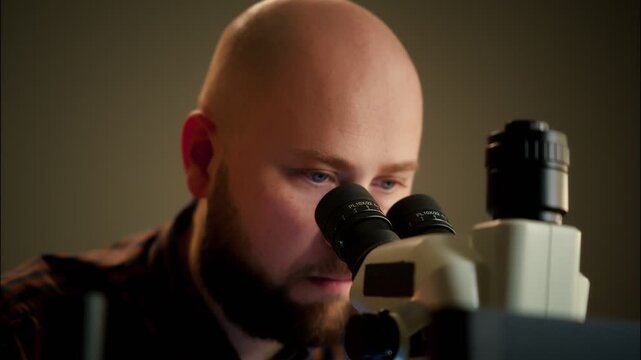 Technician inspecting electronics with stereo microscope