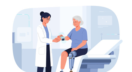 Fototapeta premium Doctor with elderly patient with prosthetic leg in modern clinic