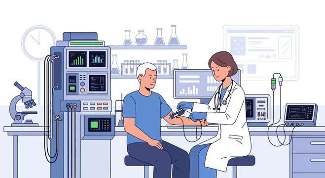 Doctor taking patient's blood pressure in modern clinic with medical equipment