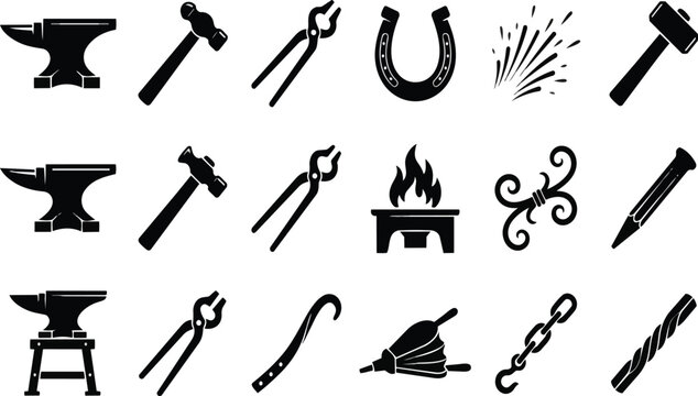 Set of black blacksmith tools and metalworking equipment elements featuring anvils hammers tongs and fire icons for professional workshop design work on transparent background